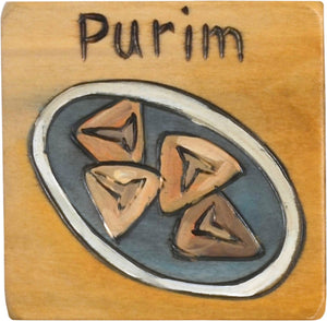 "Purim" festival magnet with a dish of kreplach motif