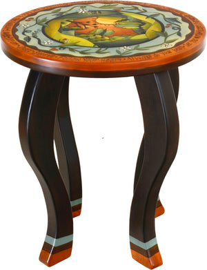 Round End Table –  Elegant and richly painted end table with landscape in the round and flowering vine motifs