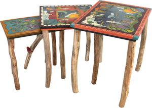 Nesting Table Set –  Lovely nesting table set with birch legs and four seasons motif throughout