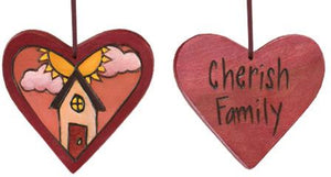 Heart Ornament –  "Cherish Family" heart ornament with sun and home motif
