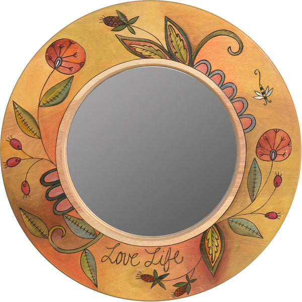Small Circle Mirror –  "Love Life" circle mirror with beautiful contemporary floral motif