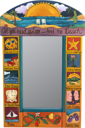 Small Mirror –  "All You Need is Love... and the Beach" mirror with big bright sun setting over the warm beach motif