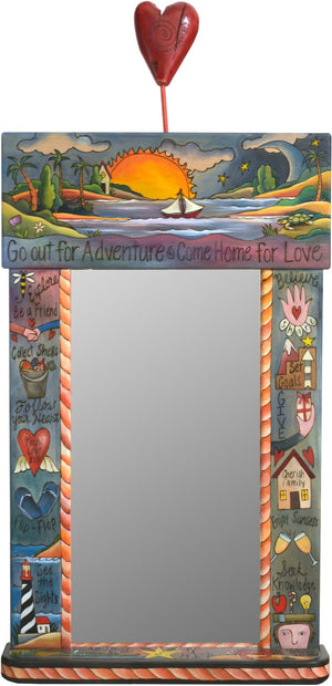 Large Mirror –  "Go out for Adventure/Come Home for Love" mirror with sailboat in the sunset with blue sky motif