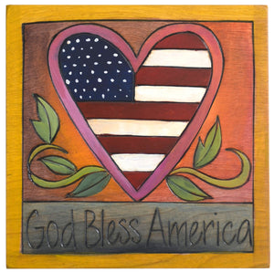"God bless America" with the USA flag in a heart design