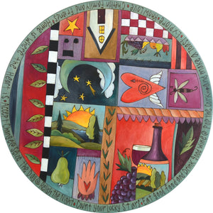 Sticks Handmade 24"D lazy susan with crazy quilt design and colorful life icons