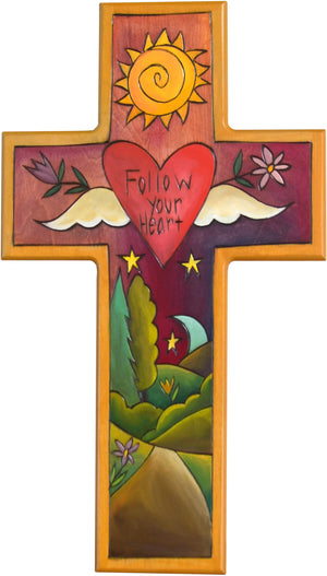 Cross Plaque –  Follow your Heart cross plaque with sun and moon over the horizon motif