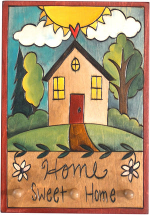 Vertical Key Ring Plaque –  "Home Sweet Home," Heart home plaque with flowers and cozy neighborhood