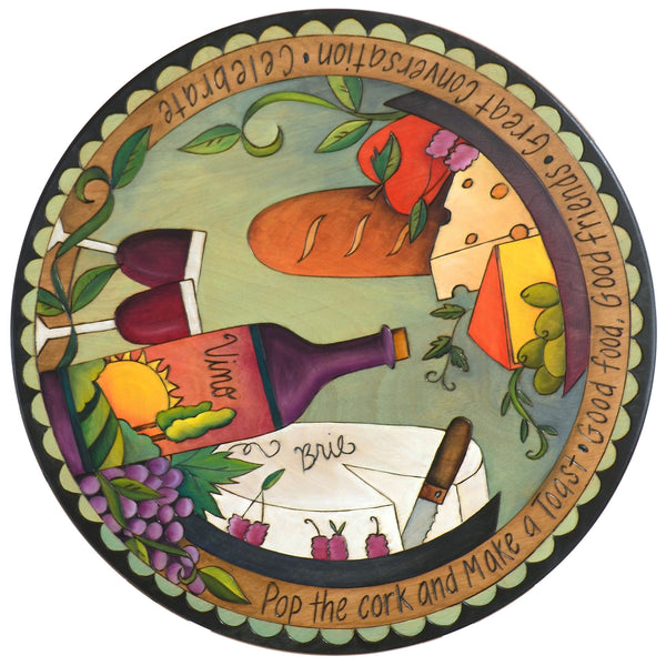 Sticks Handmade 20"D lazy susan with wine, bread, fruit and cheese