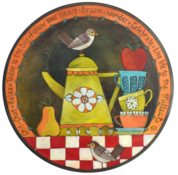 20" Lazy Susan –  Sweet tea party themed lazy susan with a stack up mugs and a teakettle