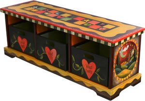 Storage Bench with Boxes –  Colorful storage bench with matching boxes painted in rich and vibrant hues