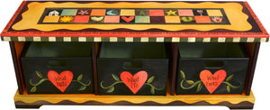Storage Bench with Boxes –  Colorful storage bench with matching boxes painted in rich and vibrant hues