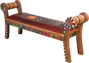Rolled Arm Bench with Leather Seat –  "Cherish Family and Friends" rolled arm bench with leather seat with quilt inspired motif. Side view