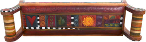 Rolled Arm Bench with Leather Seat –  "Cherish Family and Friends" rolled arm bench with leather seat with quilt inspired motif. Top view