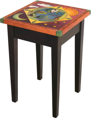 Small Square End Table –  Elegant end table with landscape painting in the round and sun and moon motif
