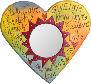 Heart Shaped Mirror –  "Give Love/Know Love/Believe in Love" heart-shaped mirror with love-related words on a colorful background