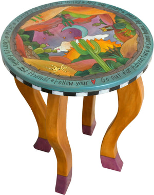 Round End Table –  Lovely southwest themed end table with rolling desert landscape, sun, moon and cacti