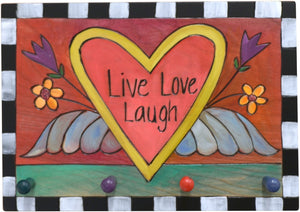 Horizontal Key Ring Plaque –  "Live, Love, Laugh," Heart with wings and flowers key ring plaque