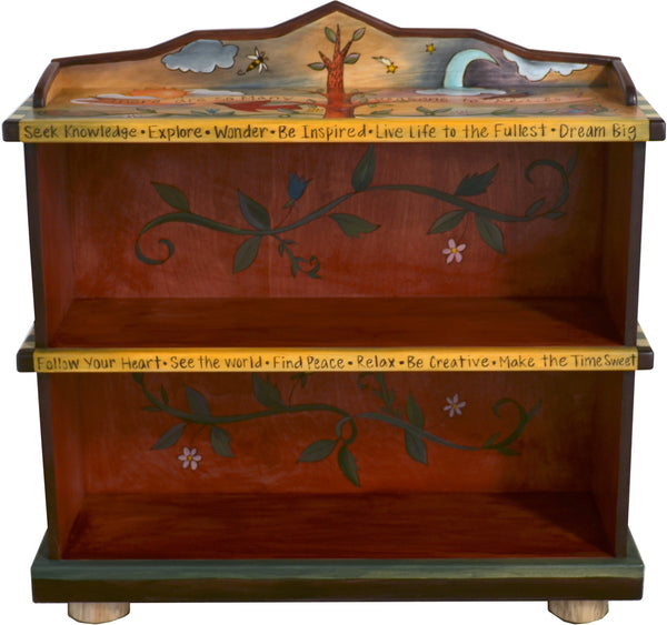Short Bookcase –  "There are so Many Reasons to Read" bookcase with sun and moon behind the tree of life motif