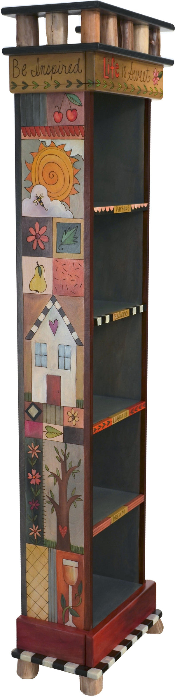 Tall Bookcase –  Handsome tall bookcase with dark interior and colorful block icons on the exterior walls