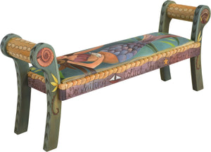 Rolled Arm Bench with Leather Seat –  "Collect Shells" rolled arm bench with leather seat with mermaid motif. Side view