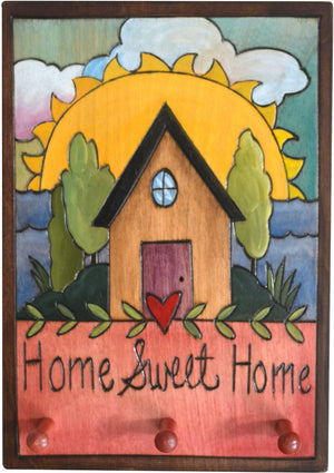 Vertical Key Ring Plaque –  "Home Sweet Home," key ring plaque with heart home by the beach and a sunrise