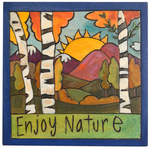 Sticks handmade wall plaque with "Enjoy Nature" quote, birch trees and mountain landscape
