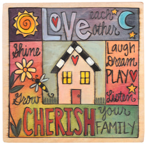 Sticks handmade wall plaque with "Love and Cherish" quotes and colorful imagery