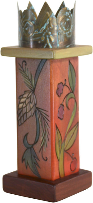 Small Pillar Candle Holder –  Lovely warm fall foliage candle holder with metal crown