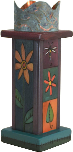 Small Pillar Candle Holder –  Elegant candle holder with floral motifs and colorful block icons