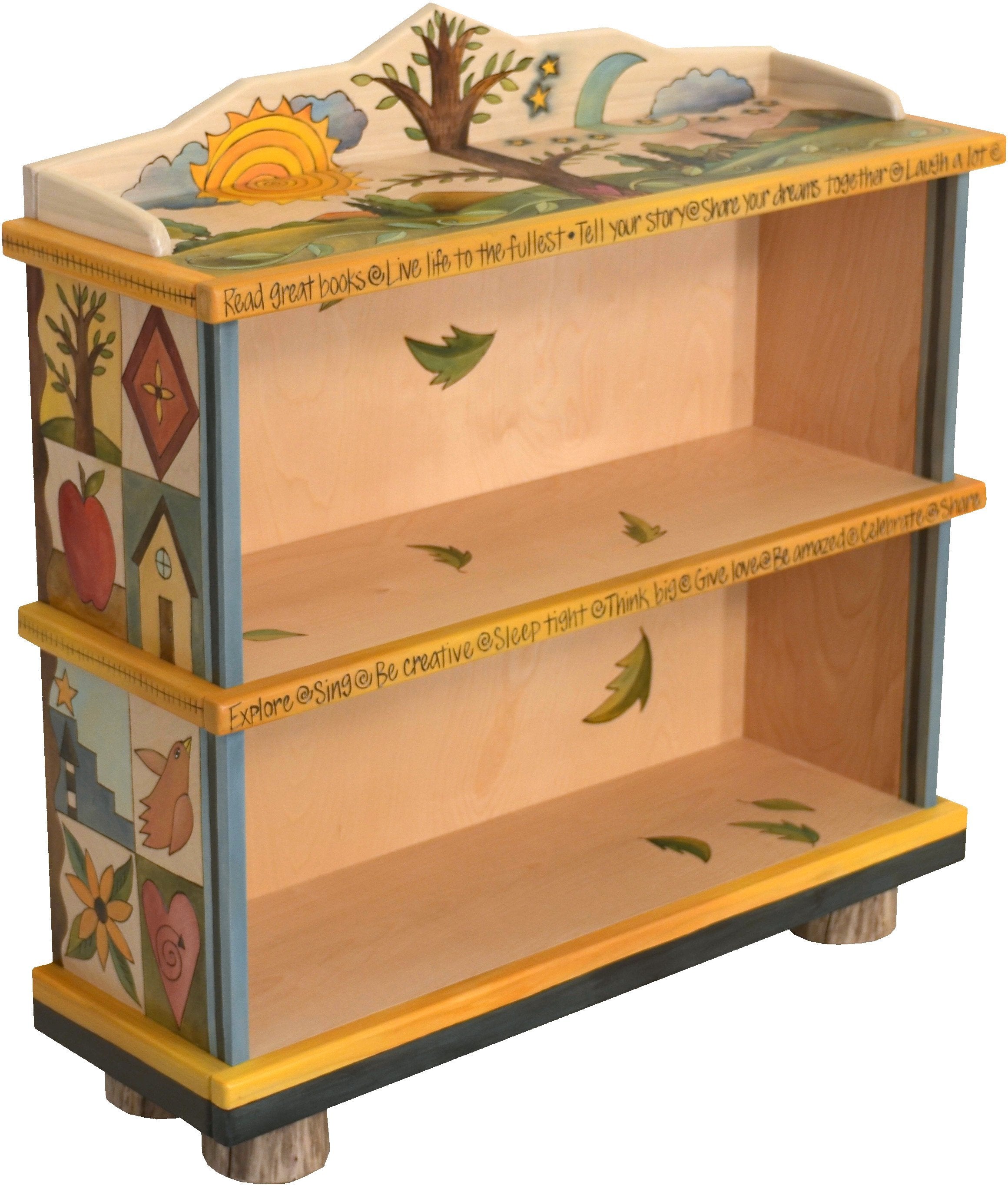 Short Bookcase –  Elegant and neutral bookcase with tree of life motif and colorful block icons