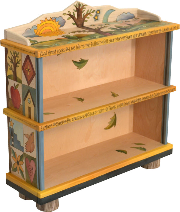 Short Bookcase –  Elegant and neutral bookcase with tree of life motif and colorful block icons