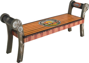 Rolled Arm Bench –  Rolled arm bench with sun and moon over a home on the rolling hill motif