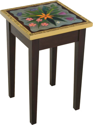 Small Square End Table –  Elegant end table with lovely floral motif and inspirational phrases along the border