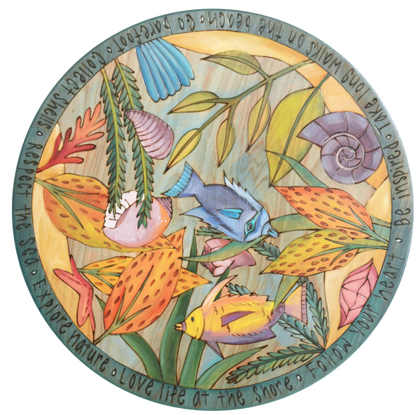 Sticks Handmade 20" lazy susan with underwater scene, seaweed, seashells and fish