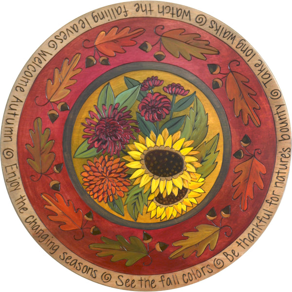 Sticks Handmade 20"D lazy susan with sunflower bouquet and oak leaf border