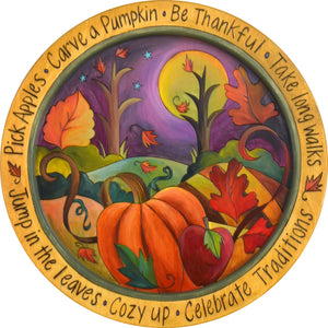 18" Round Tray –  Autumn themed landscape motif tray in vibrant oranges and purple