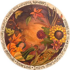 Sticks Handmade 20"D lazy susan with fall and autumn harvest motif in rich hues