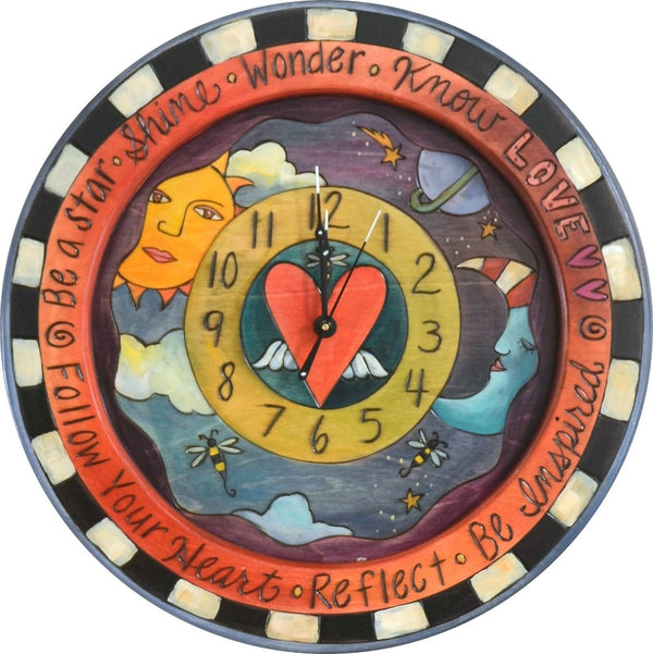 14" Round Wall Clock –  Sun and moon clock featuring a heart with wings and Sticks' signature black and white checks