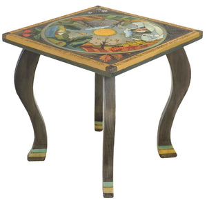 Large Square End Table – Elegantly painted four seasons landscape in the round and a sun shining brightly in its center main view