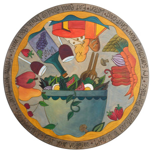 Sticks Handmade 24"D lazy susan with salad bowl, fruit, vegetables, wine and cheese
