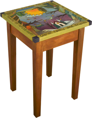 Small Square End Table –  Handsome square end table with rolling four seasons landscape painted in the round