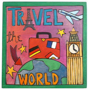 Sticks handmade wall plaque with "Travel the World" quote and imagery