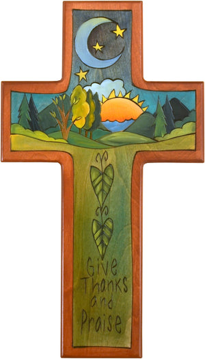 Cross Plaque –  Give Thanks and Praise cross plaque with sunset and moon motif