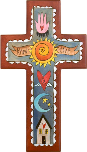 Cross Plaque –  Know Love cross plaque with home, moon and sun motif