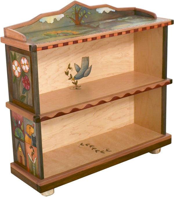 Short Bookcase –  Beautiful bookcase with tree of life motif, floral elements and colorful block icons