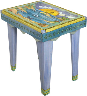 Rectangular End Table –  Aqua toned end table with coastal themes, beaches, and sailboats