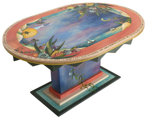 Oval Dining Table with Leaf –  "Eat Good Food and Share" dining table with leaf with beautiful night time sky over the water motif
