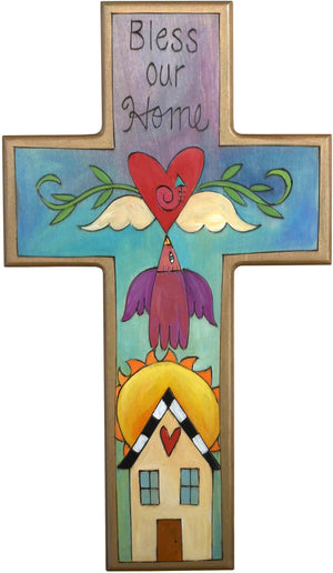 Cross Plaque –  Bless our Home cross plaque with home and sky motif