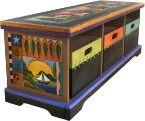 Storage Bench with Boxes –  "Cherish Family/Treasure Friends" storage bench with boxes with sun and moon over the mountains motif