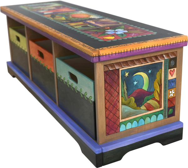 Storage Bench with Boxes –  "Cherish Family/Treasure Friends" storage bench with boxes with sun and moon over the mountains motif